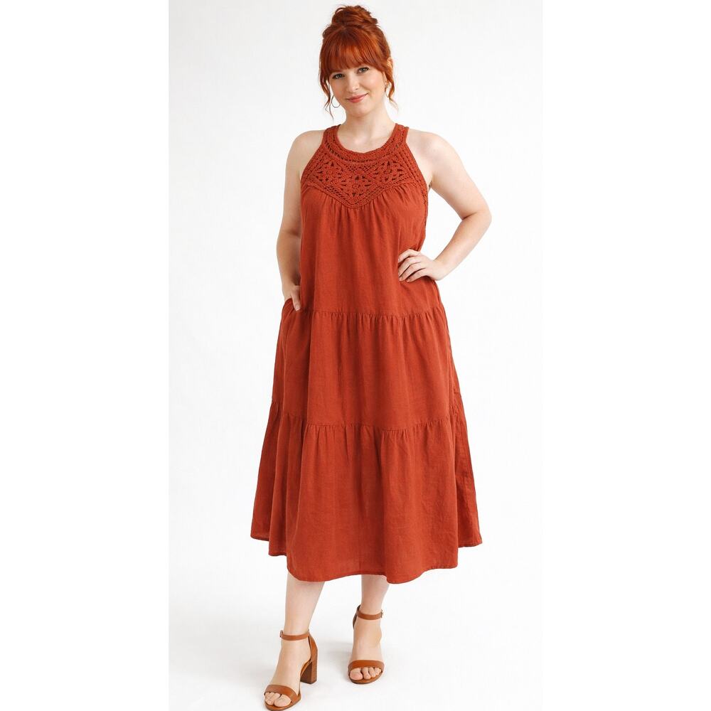 BTFBM Women's Sleeveless Midi Dress Large Burnt Orange Crocheted Ruffled Boho